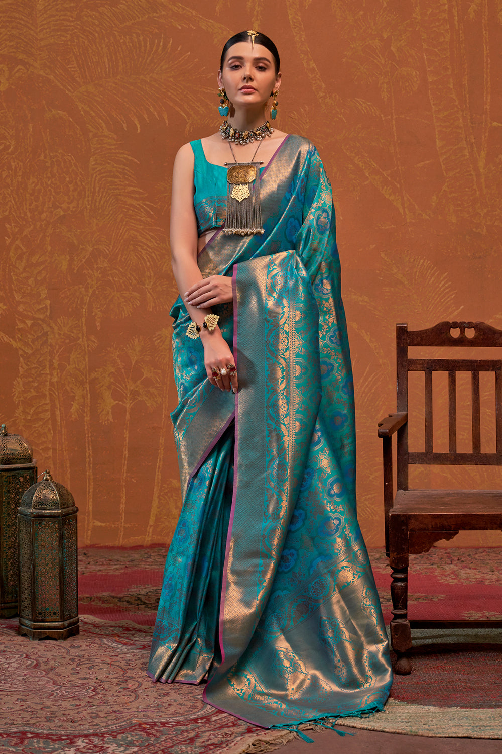 Blue Banarasi Motif Sarees With Blouse
