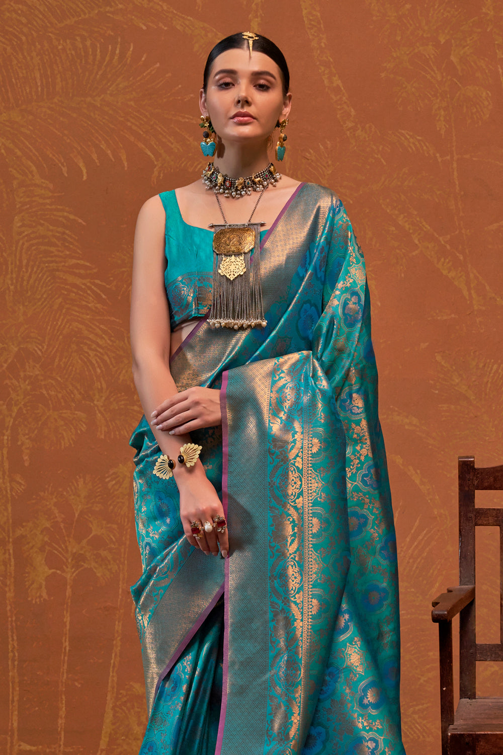 Blue Banarasi Motif Sarees With Blouse