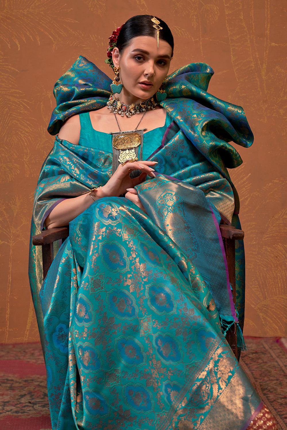 Blue Banarasi Motif Sarees With Blouse