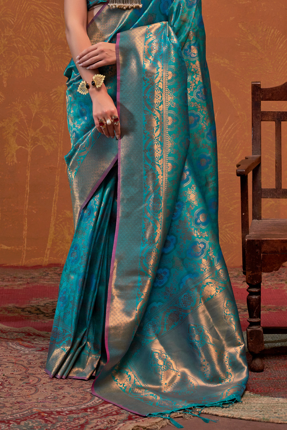 Blue Banarasi Motif Sarees With Blouse
