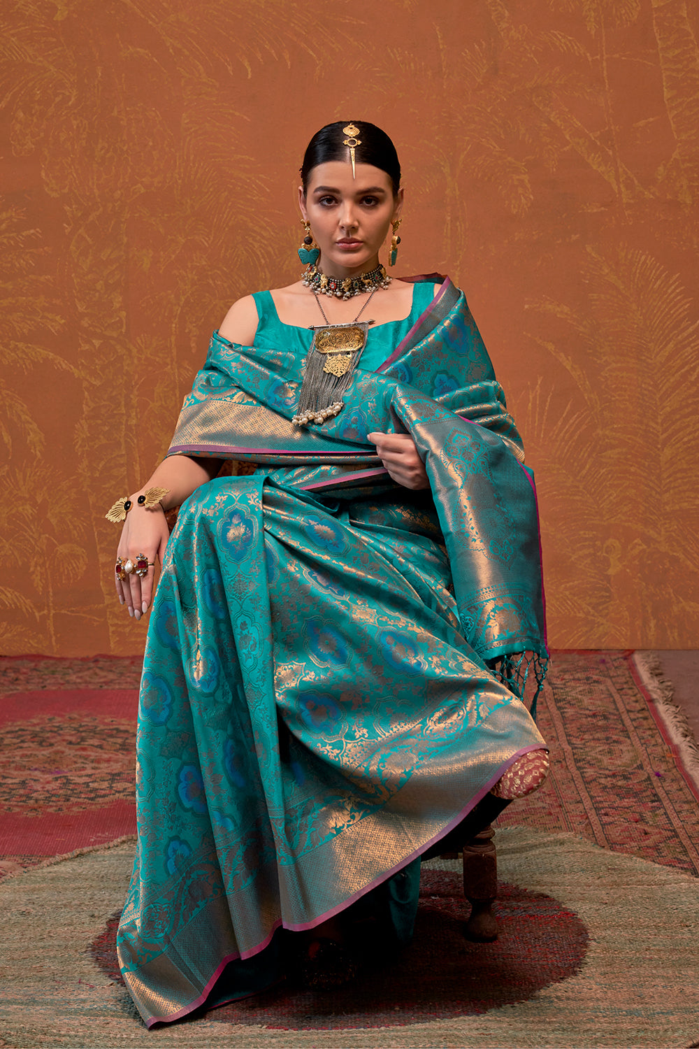 Blue Banarasi Motif Sarees With Blouse