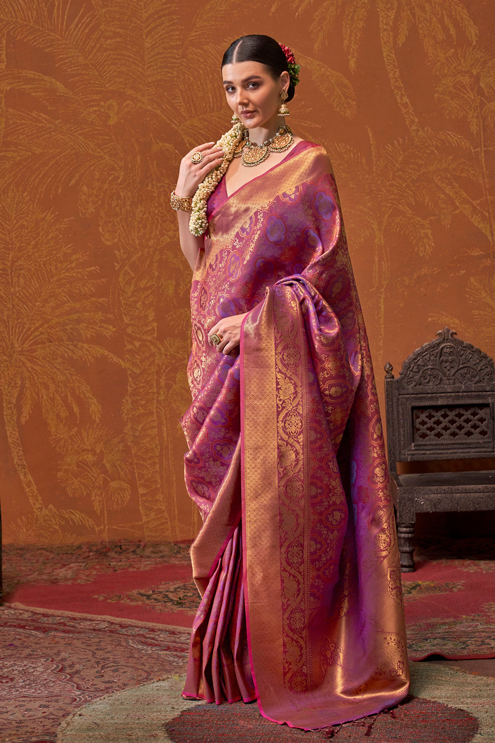 Lilac Banarasi Motif Sarees With Blouse