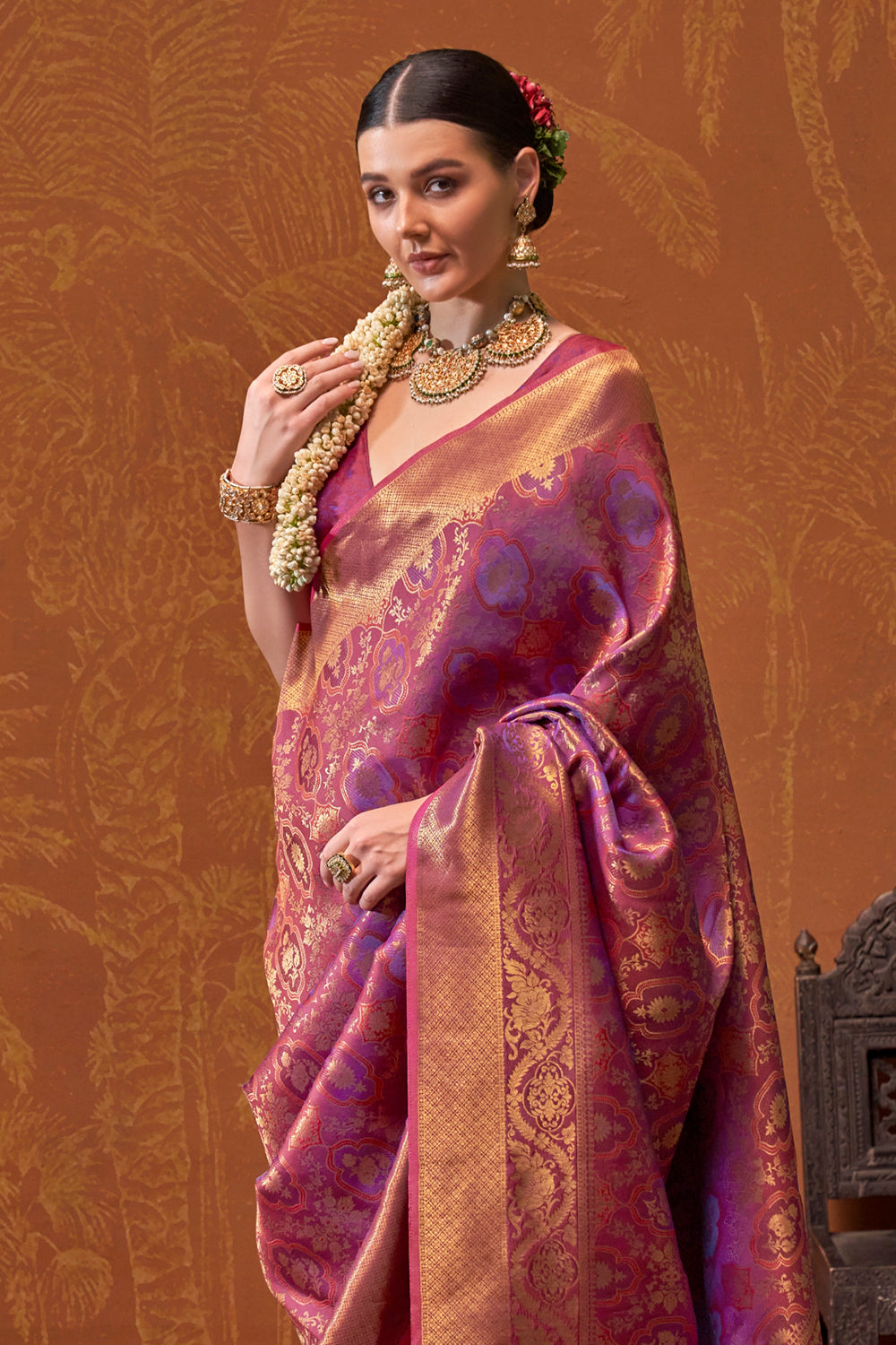 Lilac Banarasi Motif Sarees With Blouse