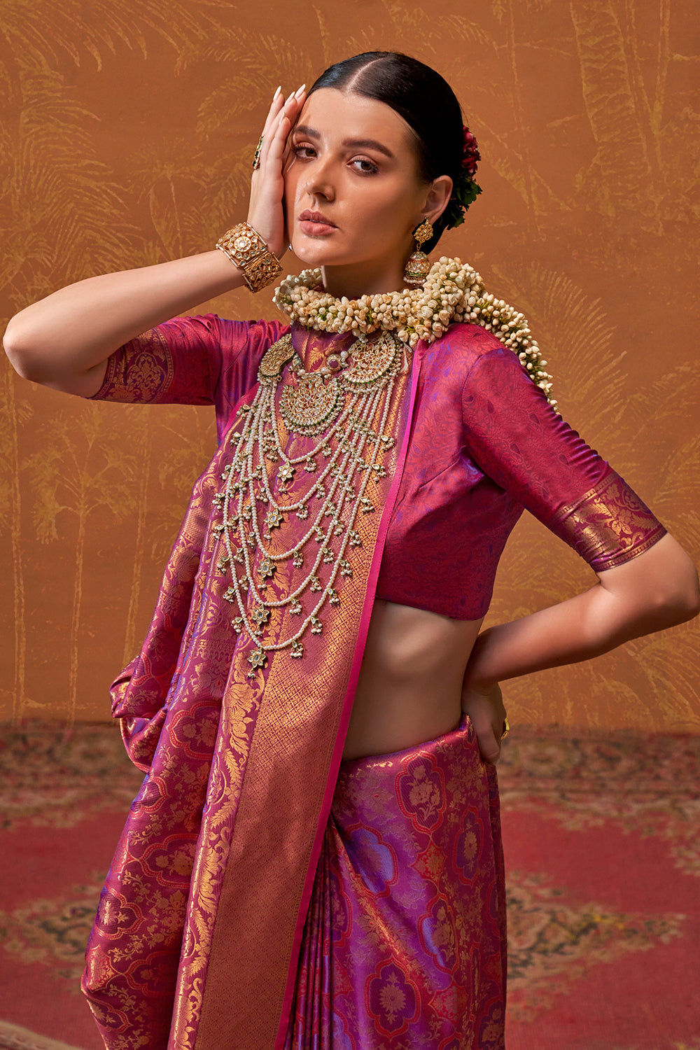 Lilac Banarasi Motif Sarees With Blouse