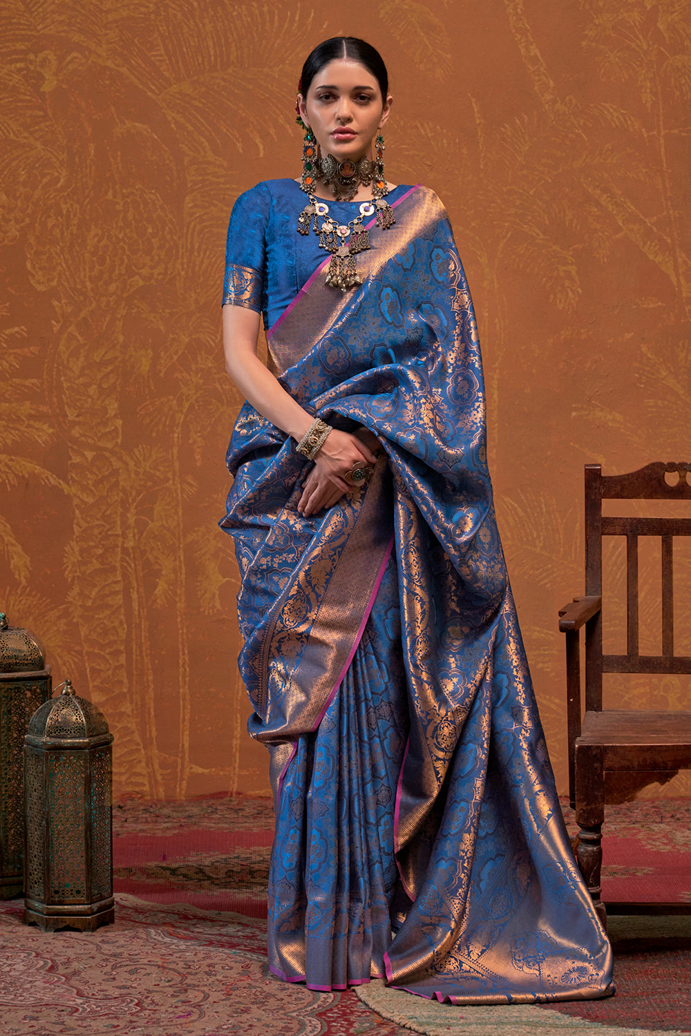 Navy Blue Banarasi Motif Sarees With Blouse
