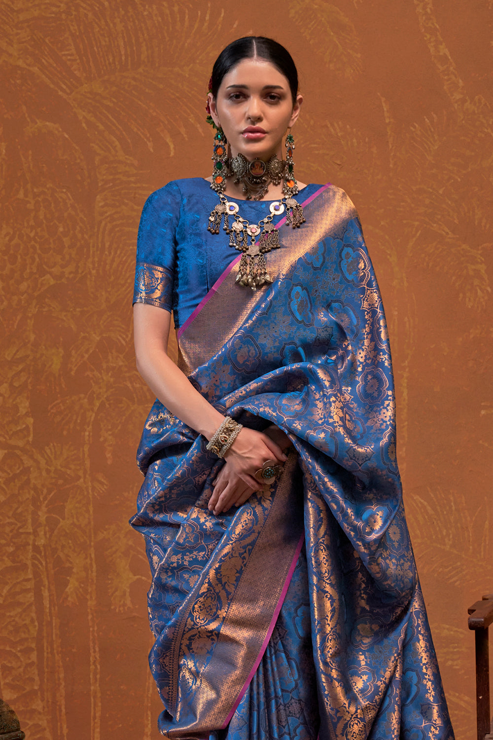 Navy Blue Banarasi Motif Sarees With Blouse
