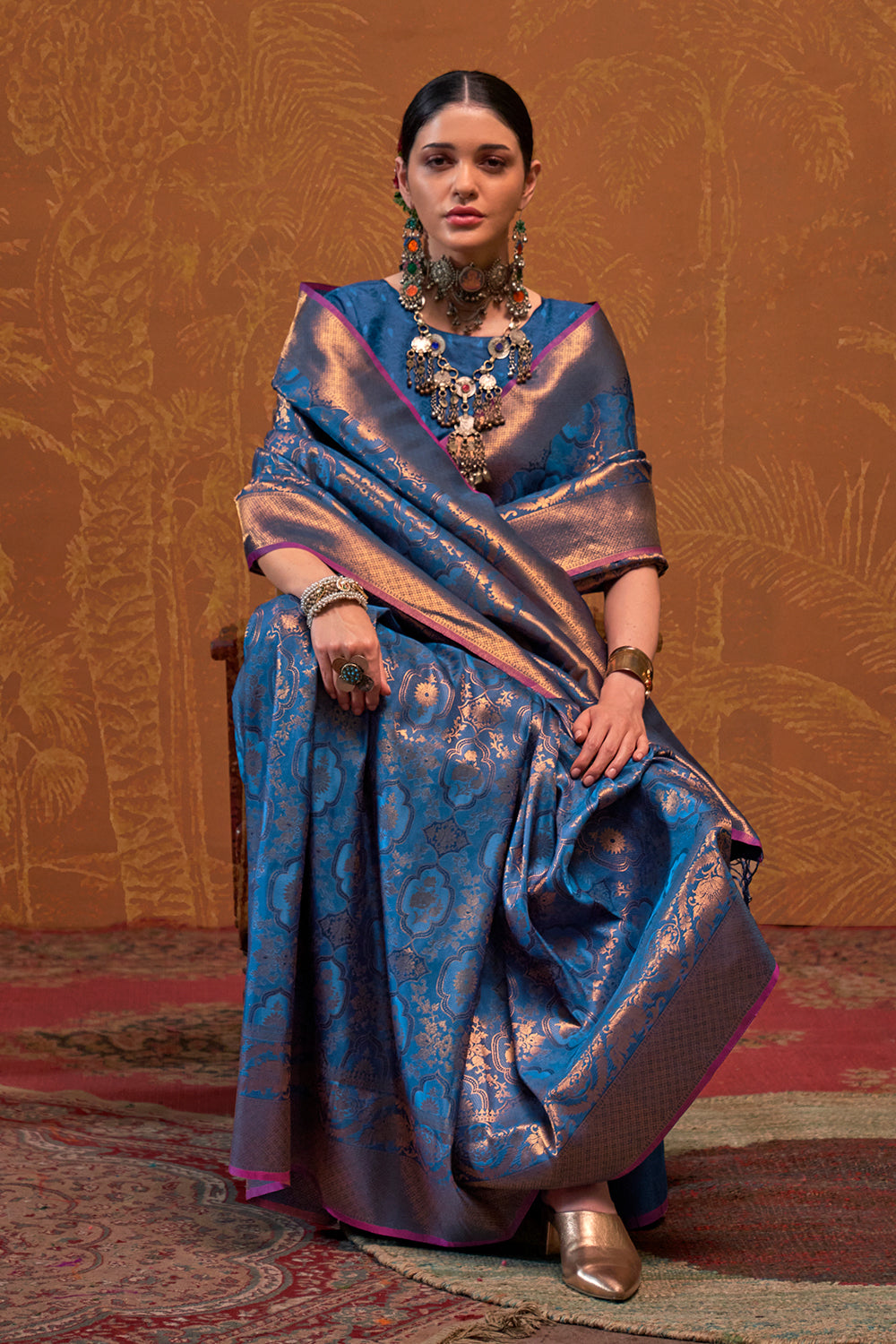 Navy Blue Banarasi Motif Sarees With Blouse