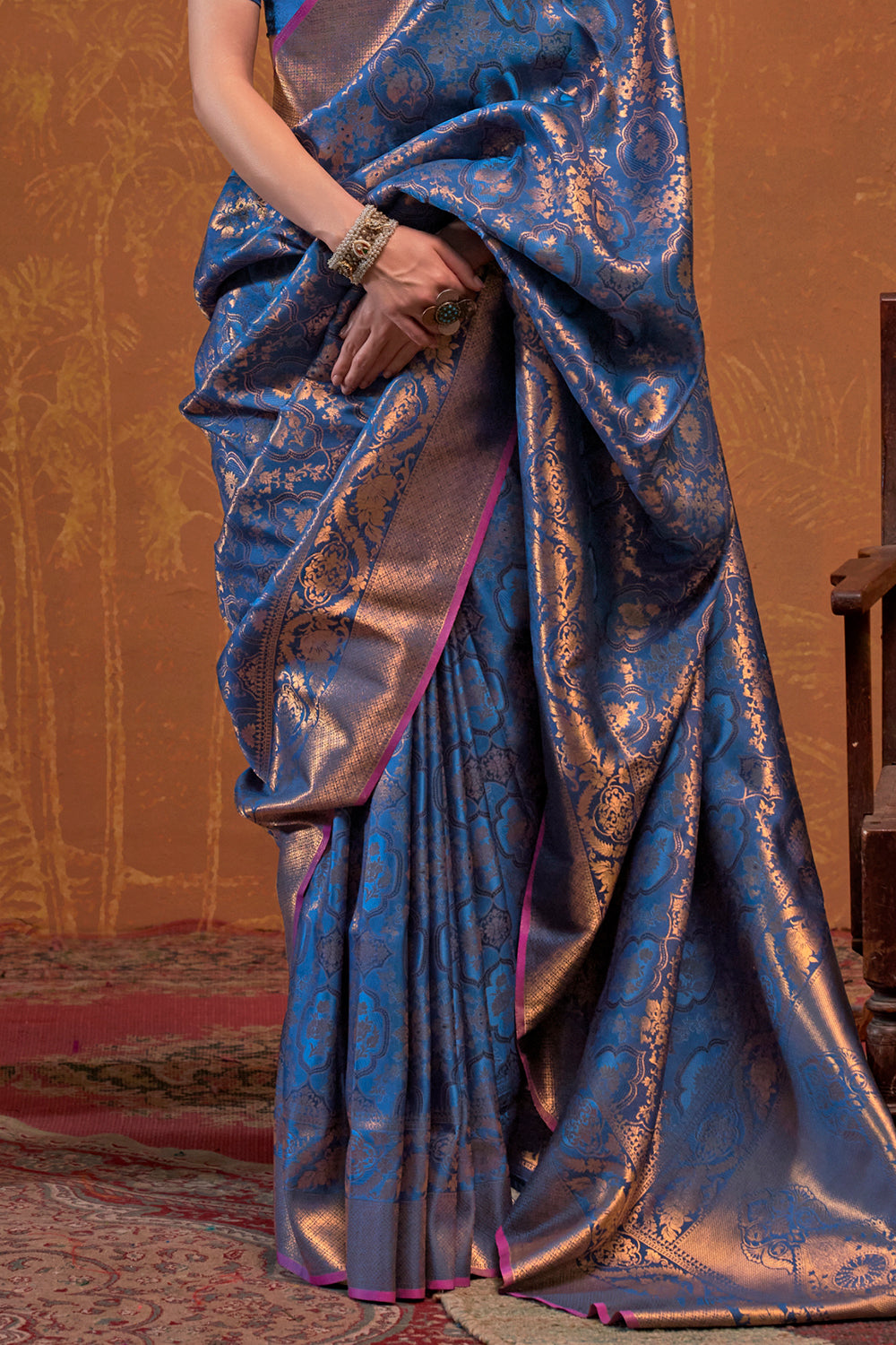 Navy Blue Banarasi Motif Sarees With Blouse