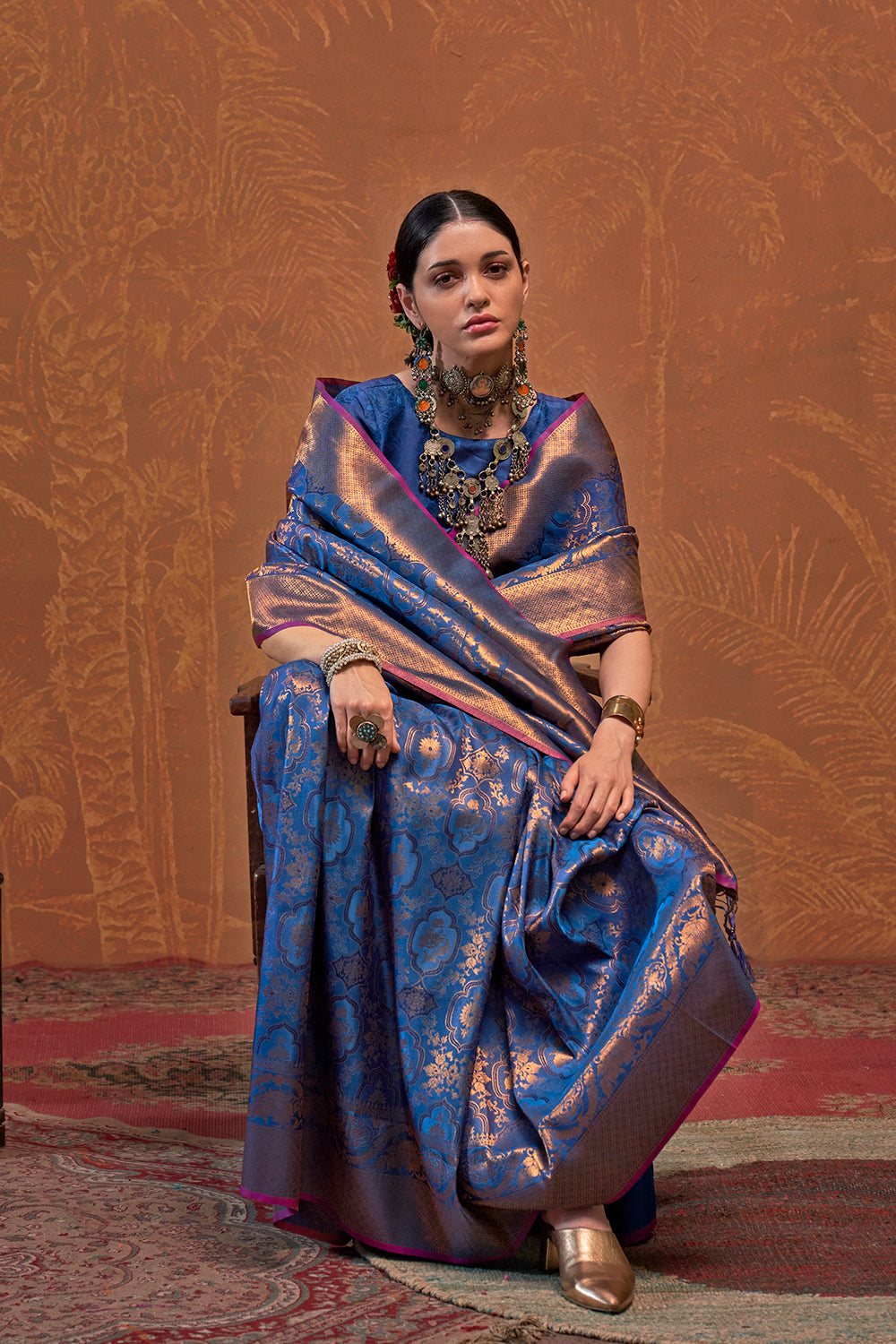 Navy Blue Banarasi Motif Sarees With Blouse