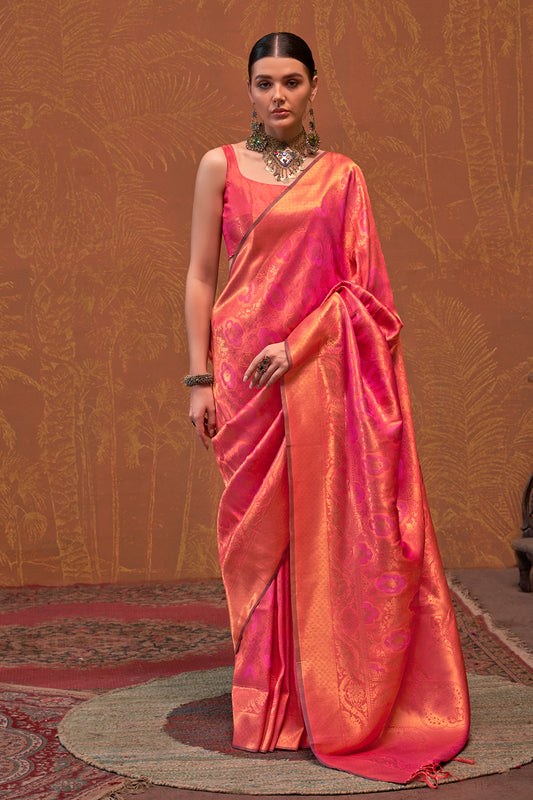 Pink Banarasi Motif Sarees With Blouse