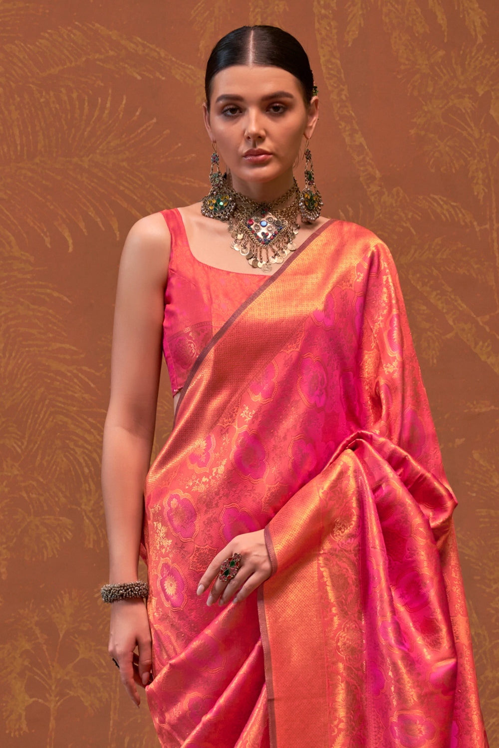 Pink Banarasi Motif Sarees With Blouse