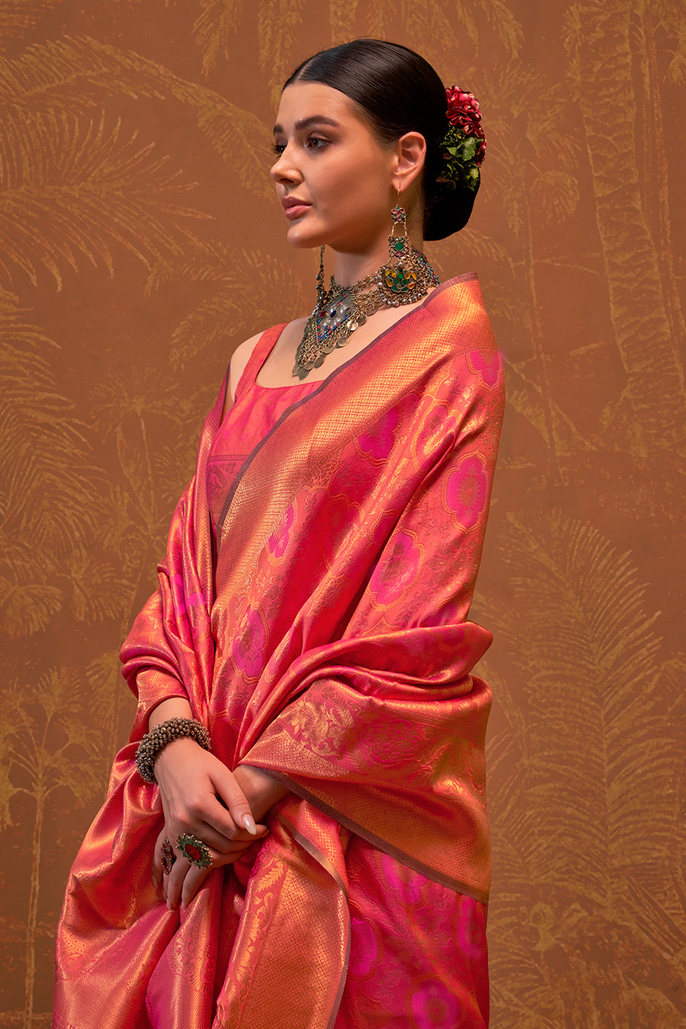 Pink Banarasi Motif Sarees With Blouse
