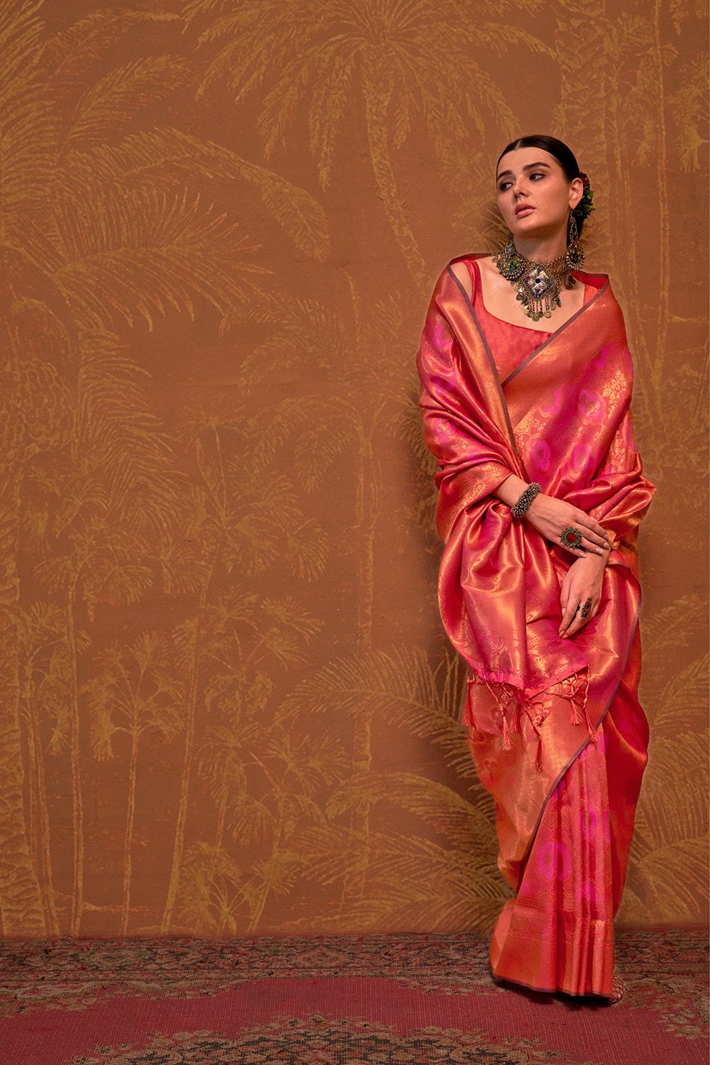 Pink Banarasi Motif Sarees With Blouse