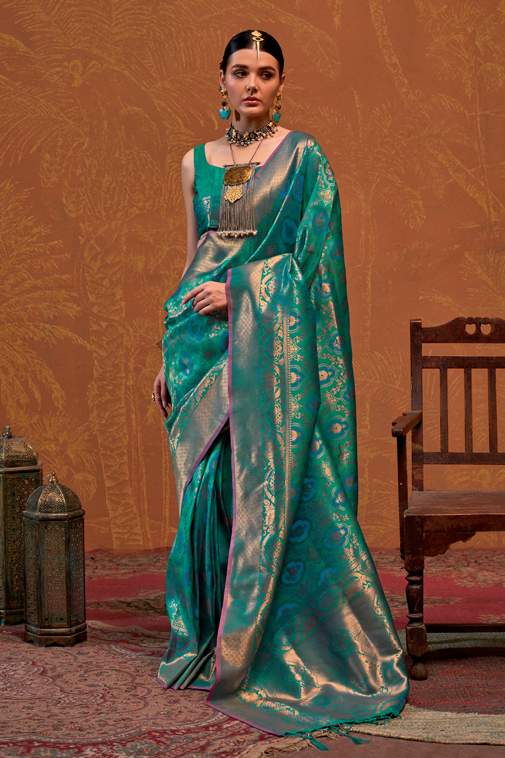 Green Banarasi Motif Sarees With Blouse