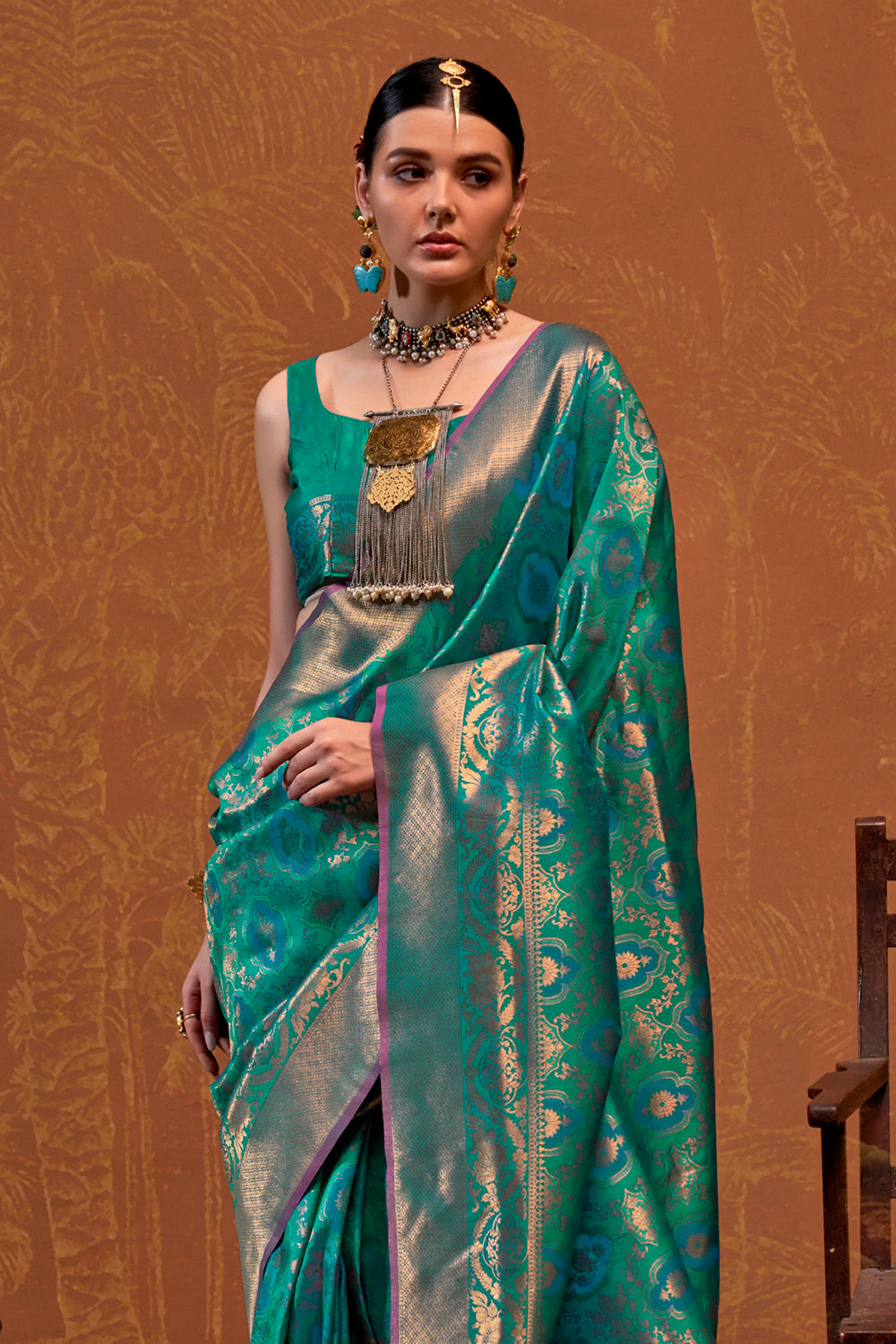 Green Banarasi Motif Sarees With Blouse