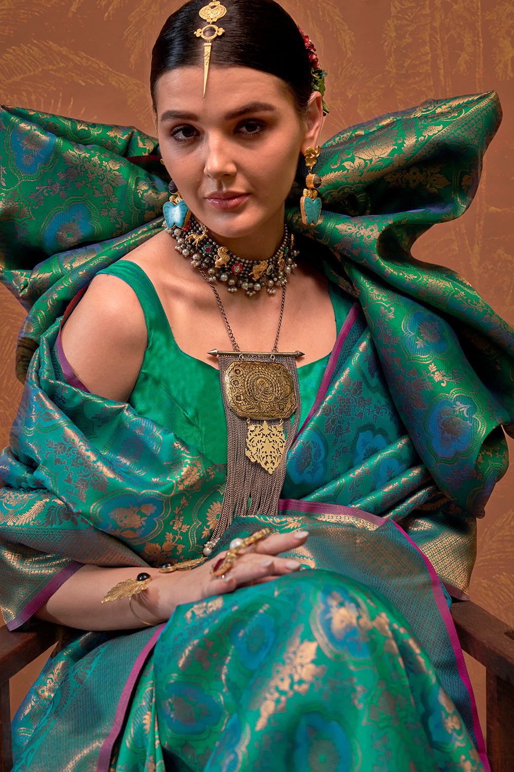 Green Banarasi Motif Sarees With Blouse