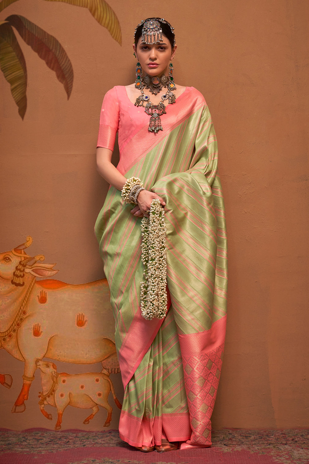 Multicolor Striped Woven Saree With Green Blouse