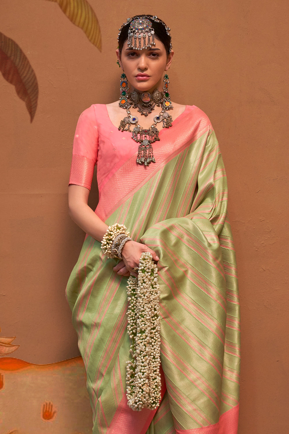Multicolor Striped Woven Saree With Green Blouse