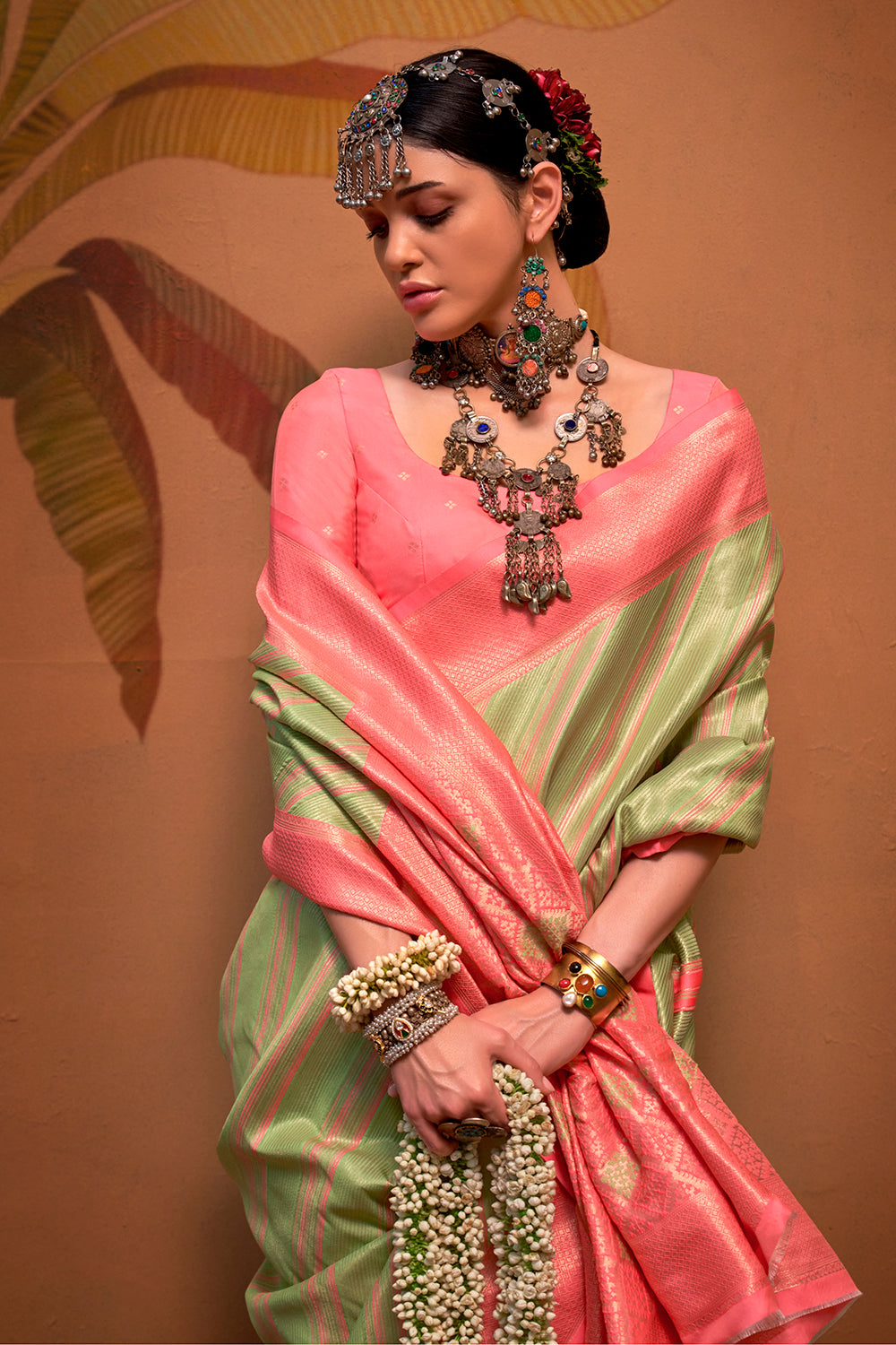 Multicolor Striped Woven Saree With Green Blouse