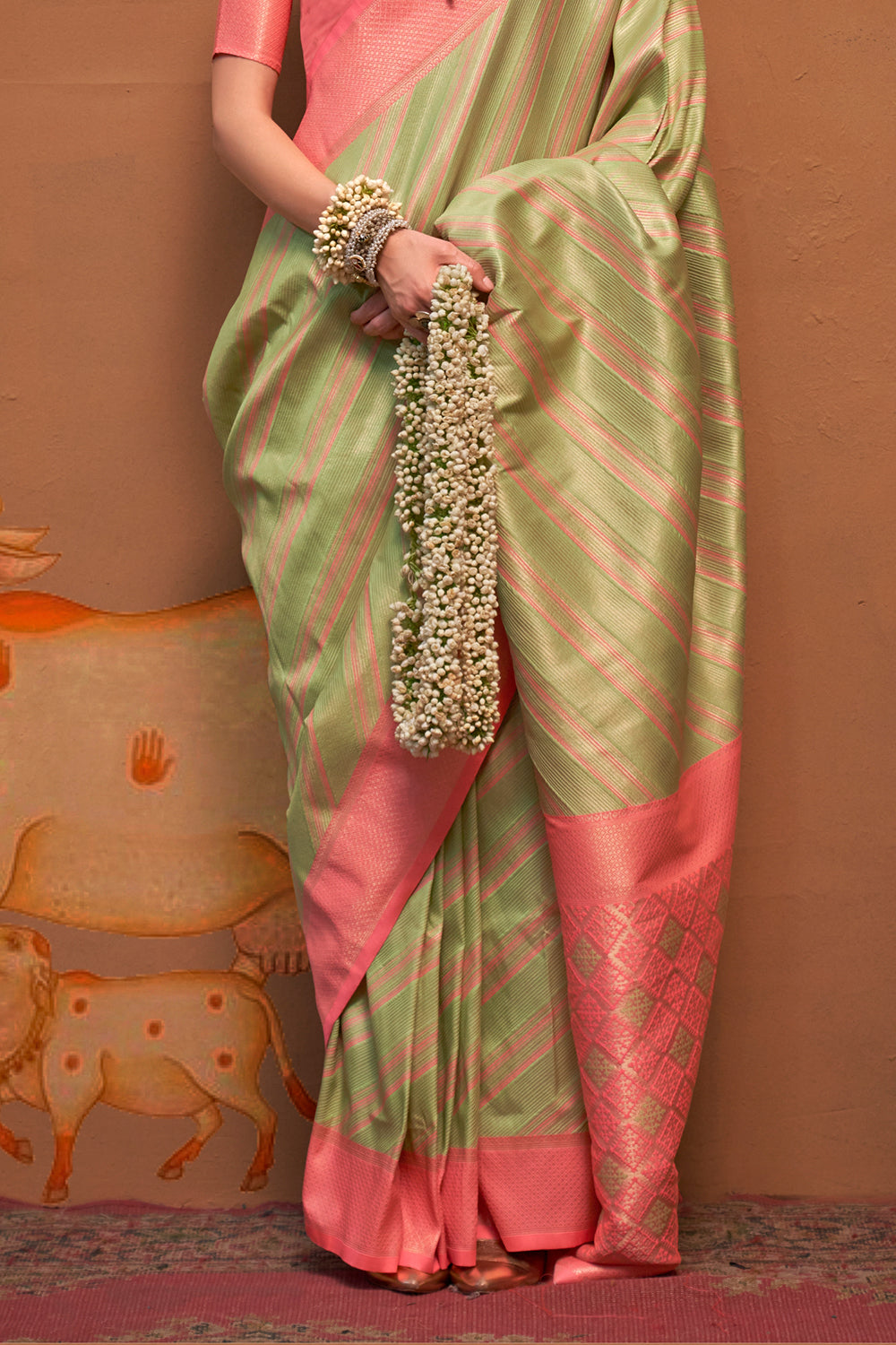 Multicolor Striped Woven Saree With Green Blouse