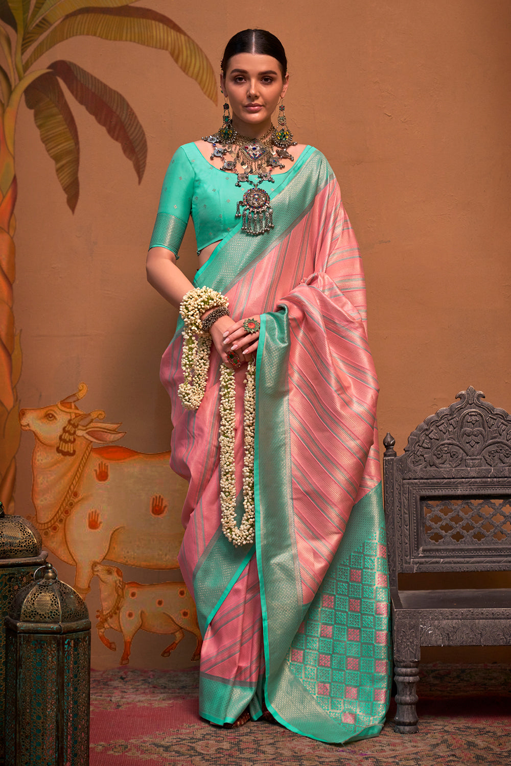 Multicolor Striped Woven Saree With Pink Blouse