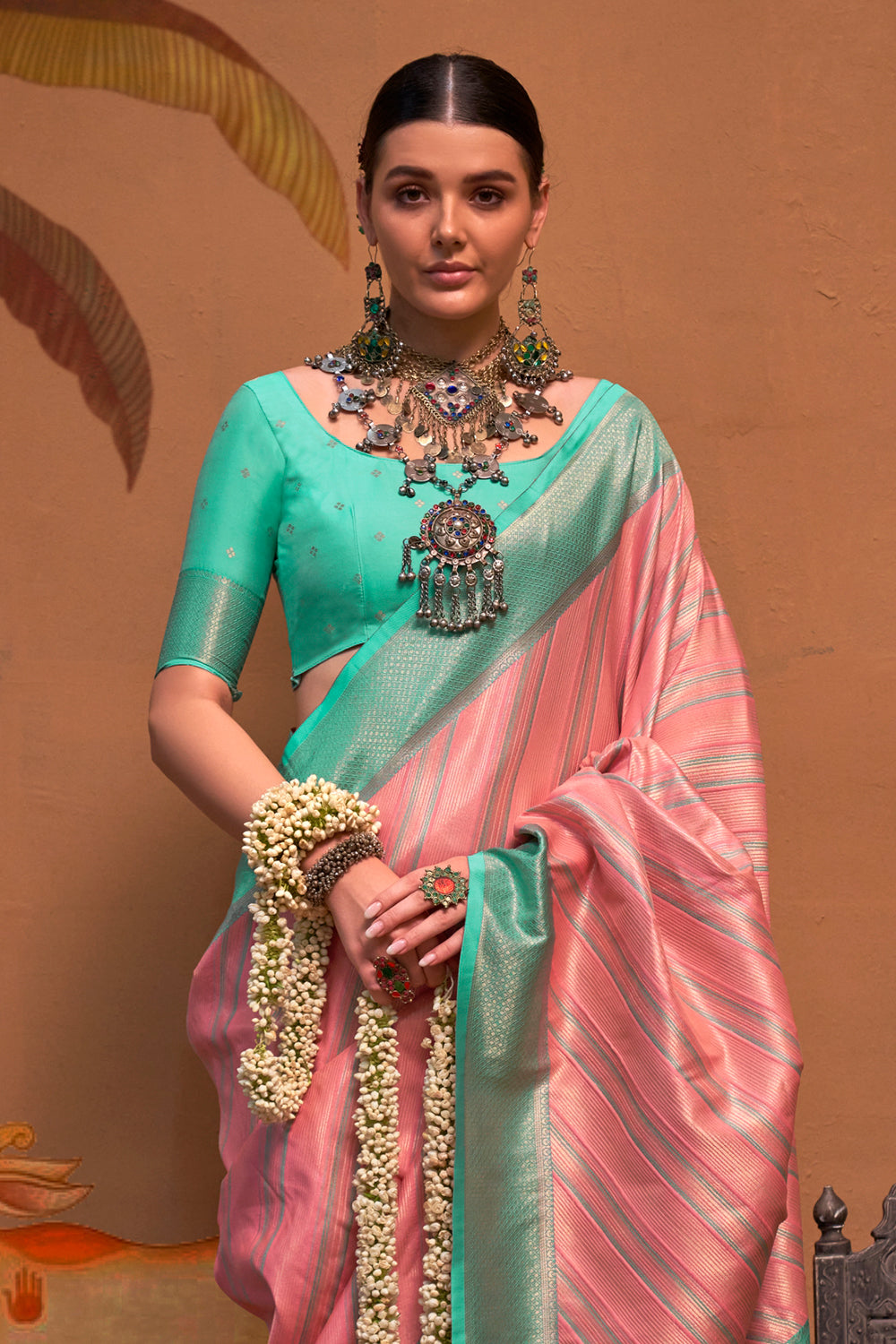 Multicolor Striped Woven Saree With Pink Blouse