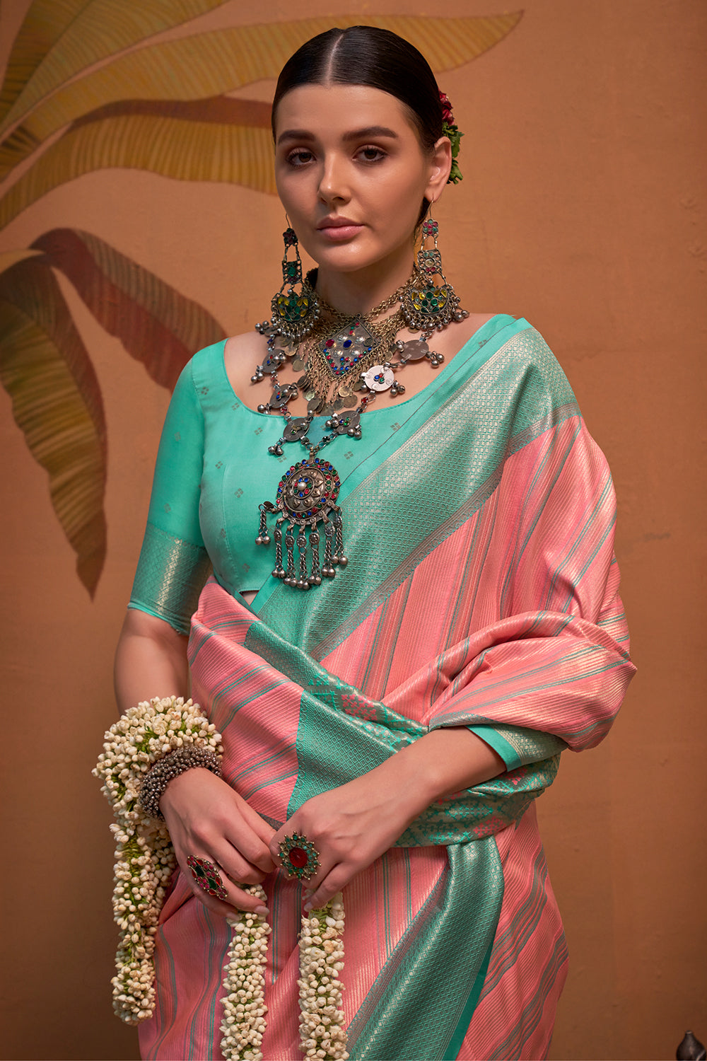 Multicolor Striped Woven Saree With Pink Blouse