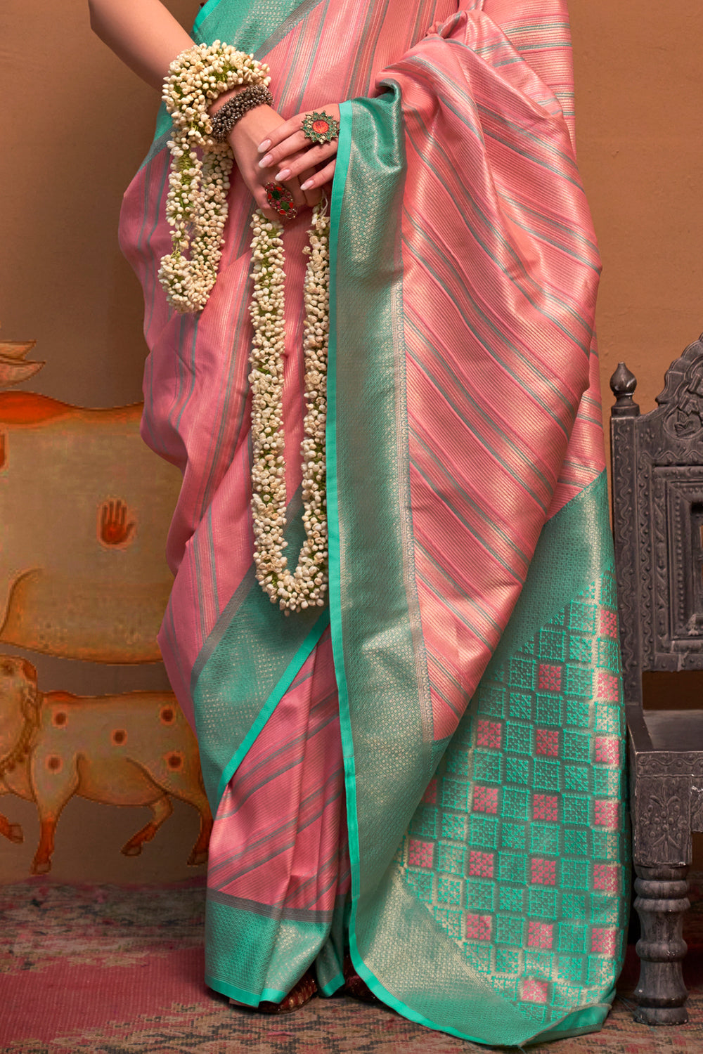 Multicolor Striped Woven Saree With Pink Blouse