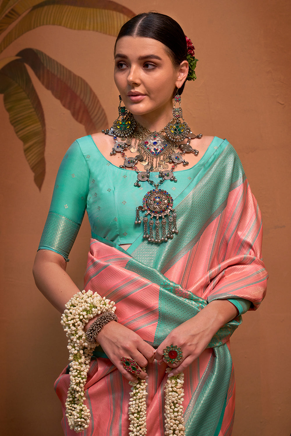 Multicolor Striped Woven Saree With Pink Blouse