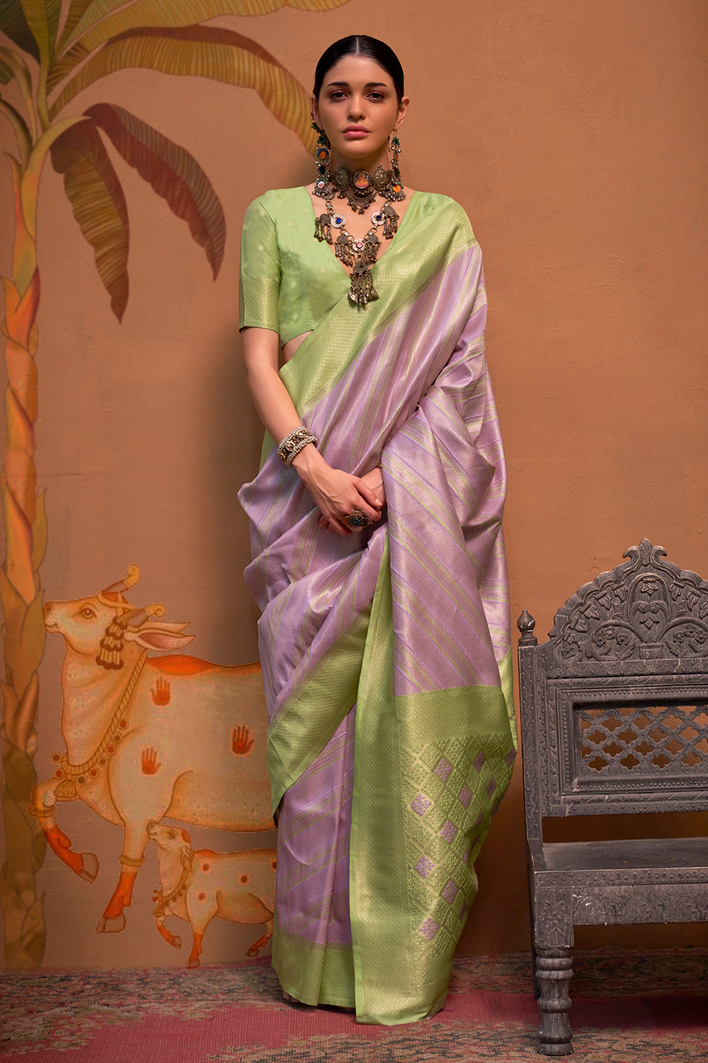 Multicolor Striped Woven Saree With Lilac Blouse