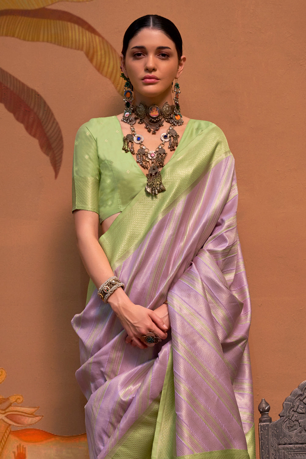 Multicolor Striped Woven Saree With Lilac Blouse