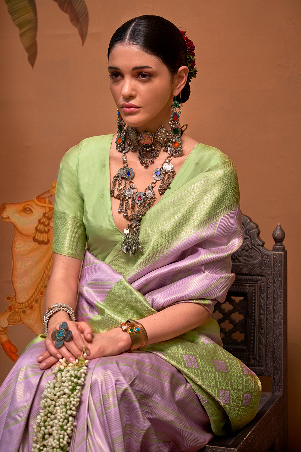 Multicolor Striped Woven Saree With Lilac Blouse