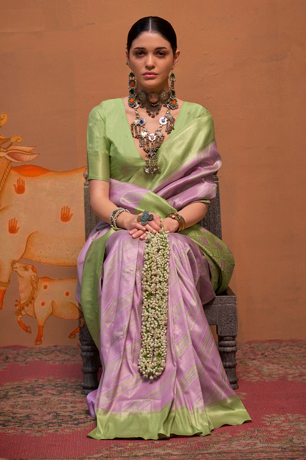 Multicolor Striped Woven Saree With Lilac Blouse