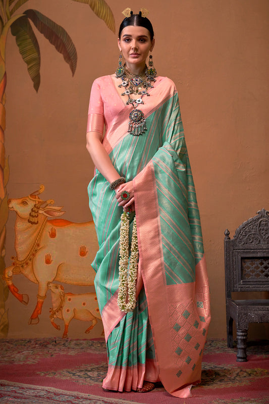 Multicolor Striped Woven Saree With Green Blouse