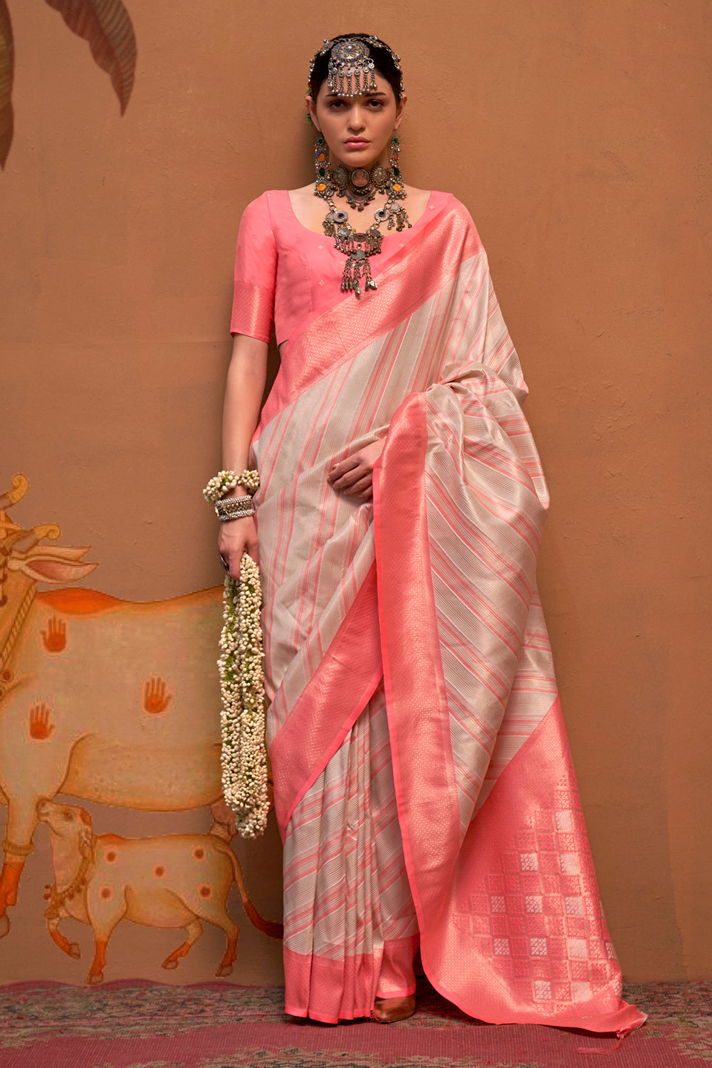 Multicolor Striped Woven Saree With Beige Blouse
