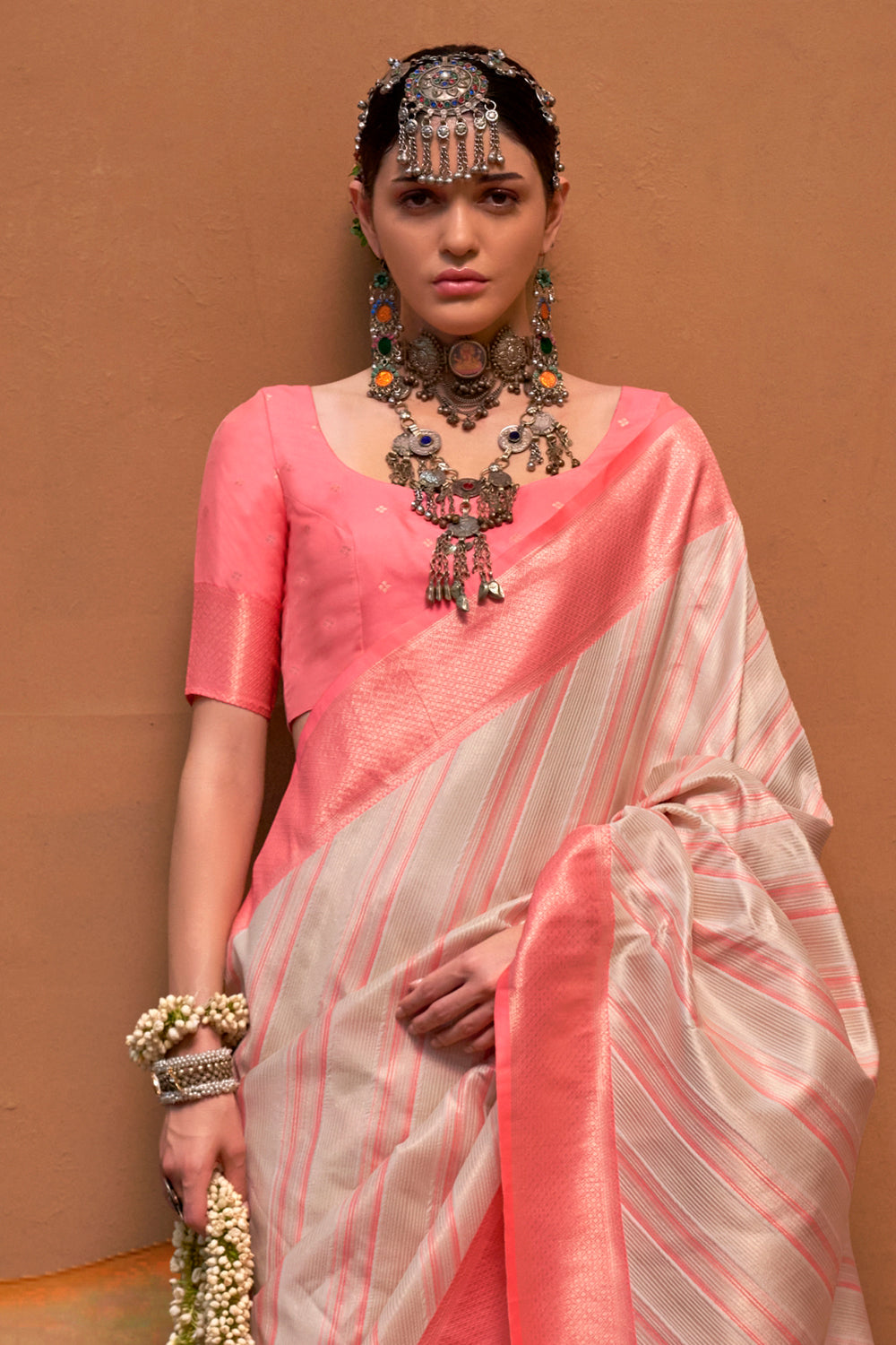 Multicolor Striped Woven Saree With Beige Blouse