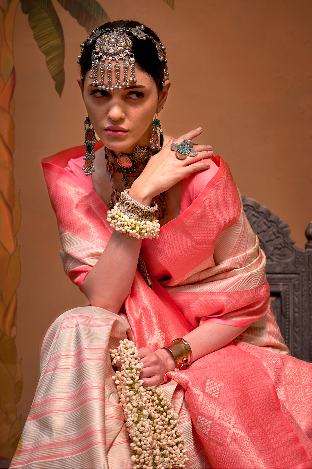 Multicolor Striped Woven Saree With Beige Blouse