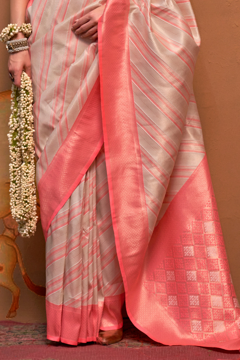 Multicolor Striped Woven Saree With Beige Blouse