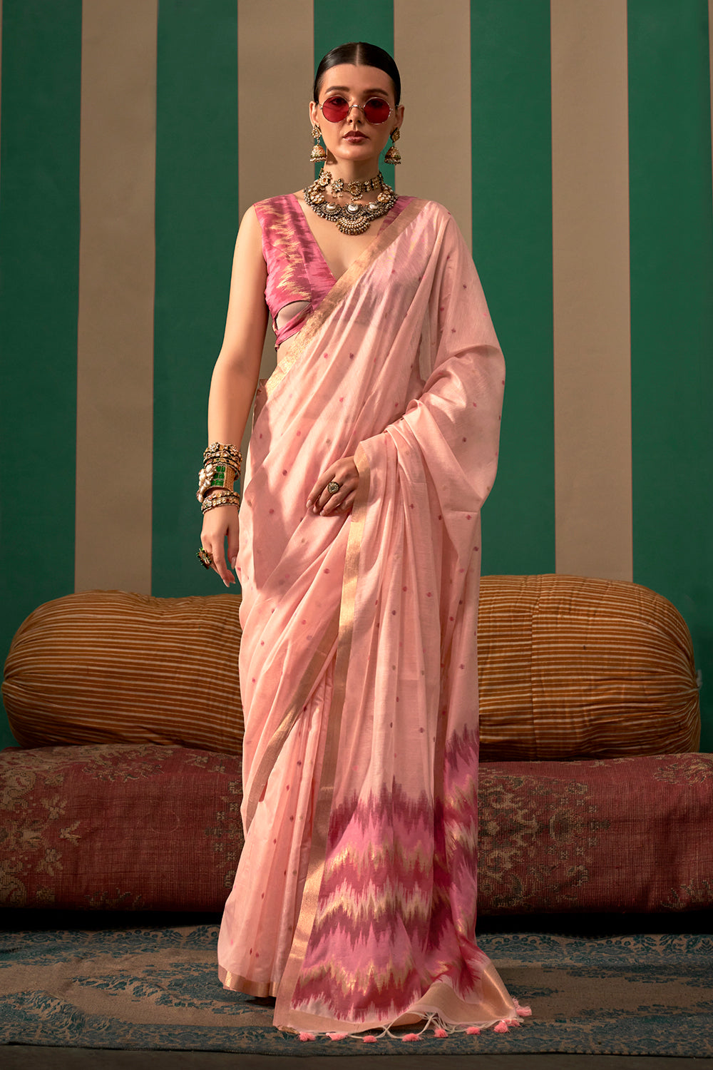Light Pink Elegant Ikkat Sarees With Blouse