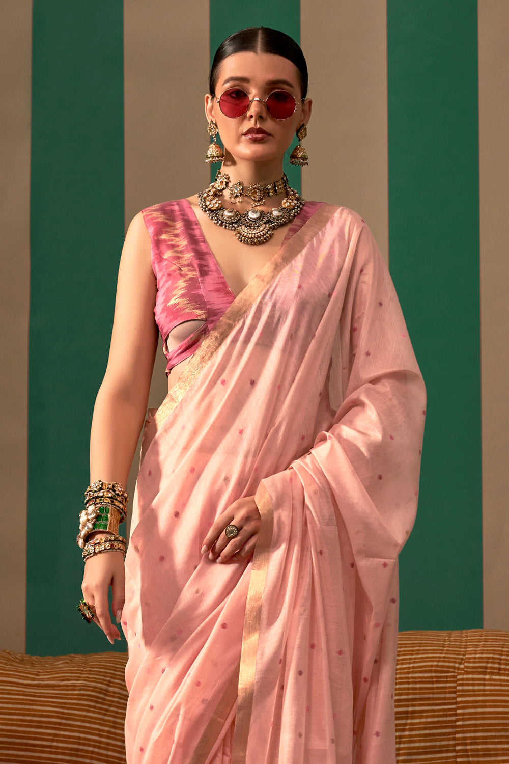 Light Pink Elegant Ikkat Sarees With Blouse