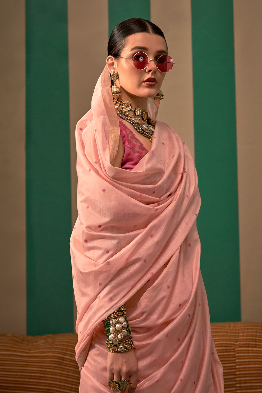 Light Pink Elegant Ikkat Sarees With Blouse