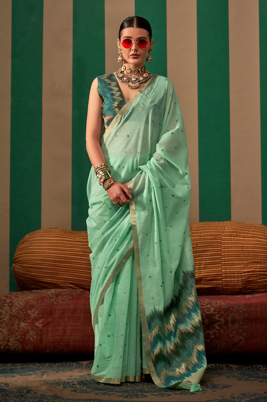 Green Elegant Ikkat Sarees With Blouse