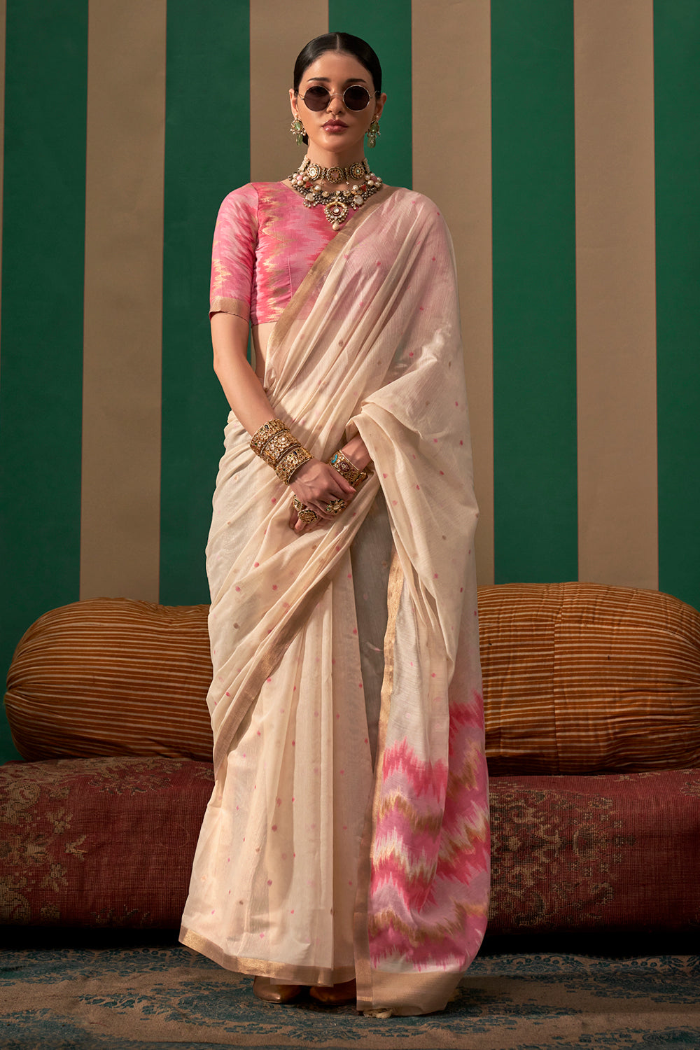 Beige Elegant Ikkat Sarees With Blouse