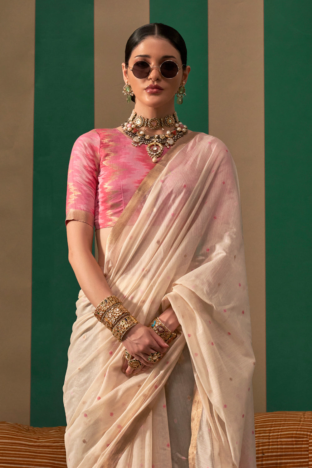 Beige Elegant Ikkat Sarees With Blouse