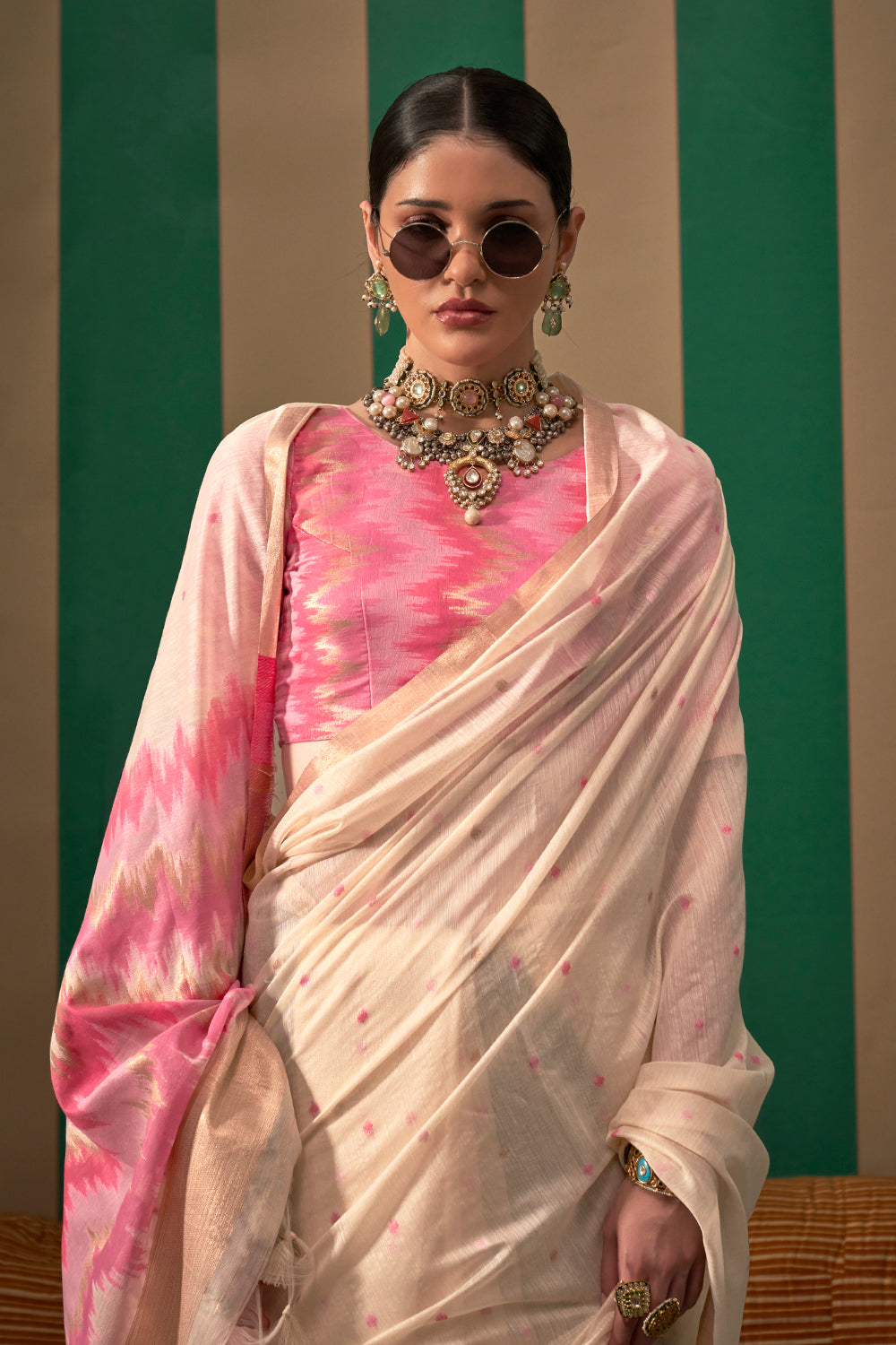 Beige Elegant Ikkat Sarees With Blouse