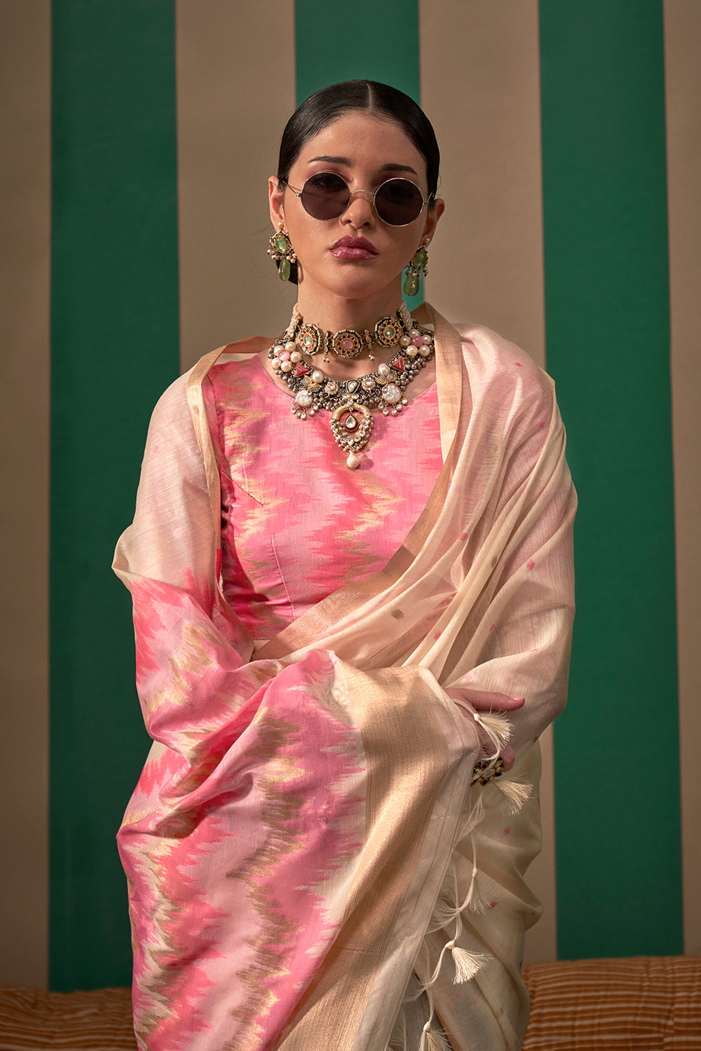 Beige Elegant Ikkat Sarees With Blouse