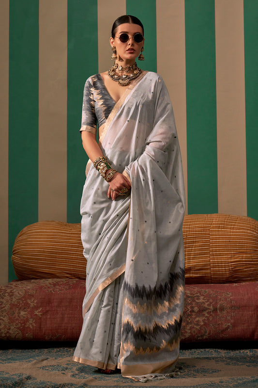 Light Grey Elegant Ikkat Sarees With Blouse