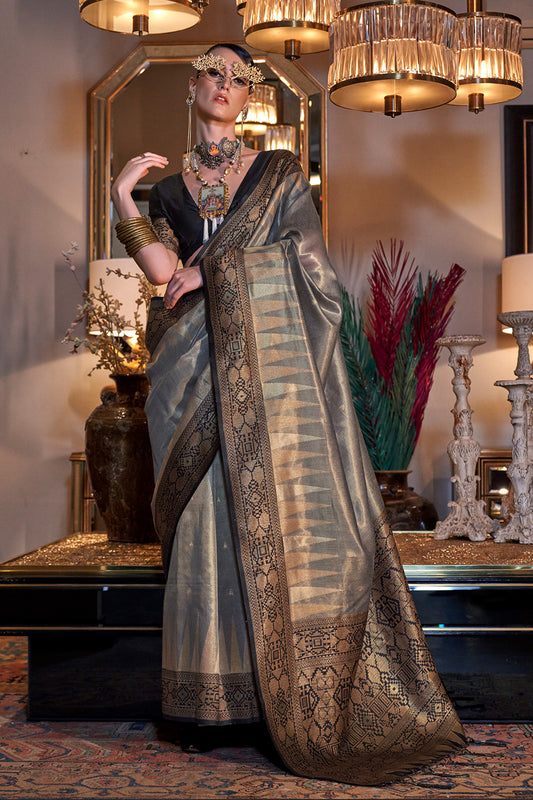 Grey Zari Tissue Saree With Contrast Pallu And Blouse