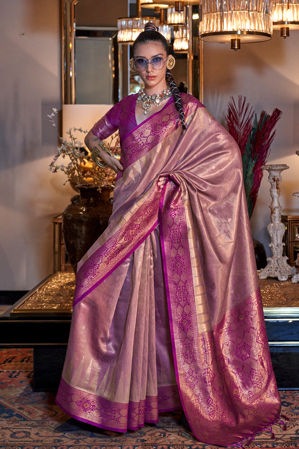 Dusky Pink Zari Tissue Saree With Pallu And Blouse