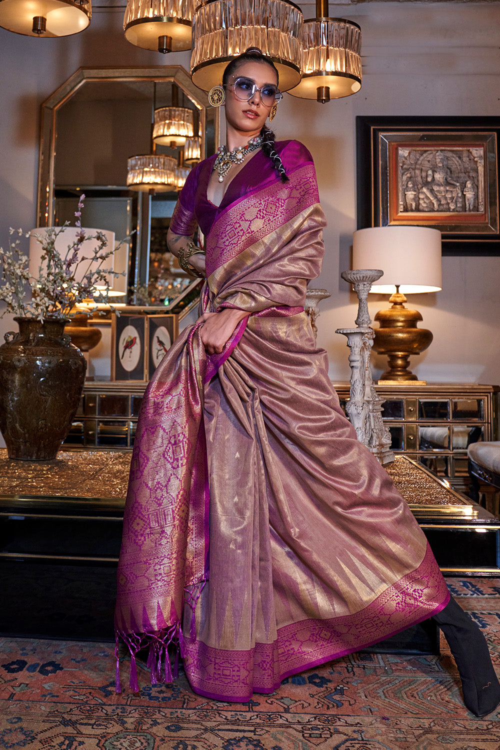Dusky Pink Zari Tissue Saree With Pallu And Blouse